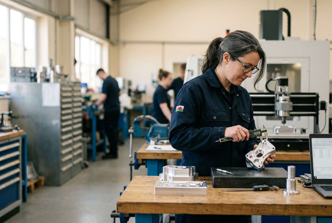 A quality specialist inspecting a manufactured component on a factory floor